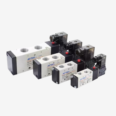 صمام الملف اللولبي الهوائي Airtac 4V110-M5 ذو 5/2 اتجاهات بتوجيه داخلي ومنفذ بخيط M5 وحماية IP65 وضغط تشغيل 0.15-0.8 ميجا باسكال وضغط إثبات 1.2 ميجا باسكال ولا يحتاج إلى تزييت